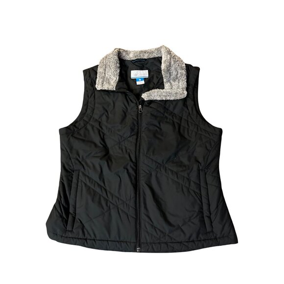 Columbia Vest Womens XL Used Black Quilted Faux Fur Collar Winter Fall - Picture 3 of 12